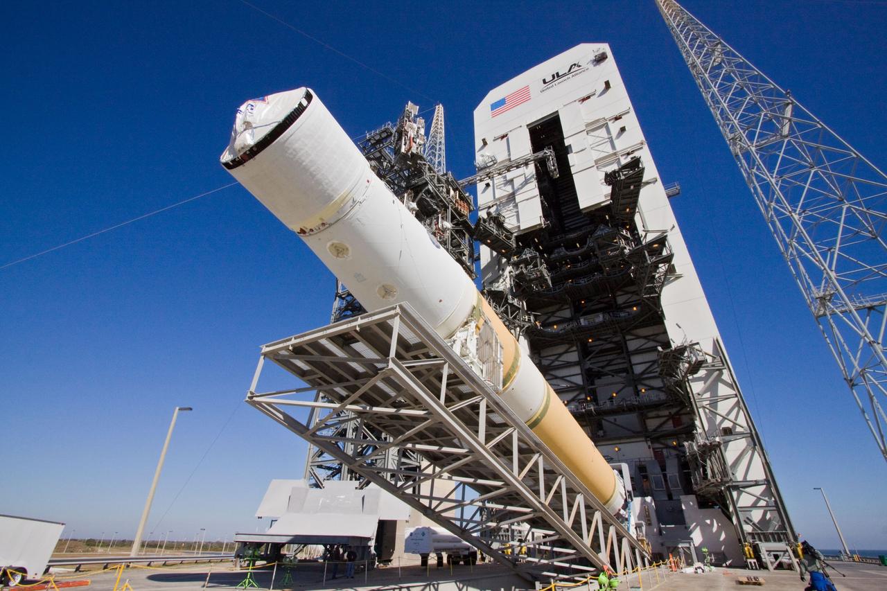 CAPE CANAVERAL, Fla. – At Launch Complex 37 on Cape Canaveral Air Force Station in Florida, the core stage of a Delta IV rocket is lifted into a vertical position for placement in the mobile service tower.    The rocket's first stage mated to its second stage comprise the core stage. The rocket is slated to launch GOES-P, the latest Geostationary Operational Environmental Satellite developed by NASA for the National Oceanic and Atmospheric Administration, or NOAA. The Delta IV rocket will be launched by United Launch Alliance for Boeing Launch Services under an FAA commercial license.  Launch is targeted for no earlier than March 1.  For information on GOES-P, visit http://goespoes.gsfc.nasa.gov/goes/spacecraft/n_p_spacecraft.html. Photo credit: NASA/Jack Pfaller
