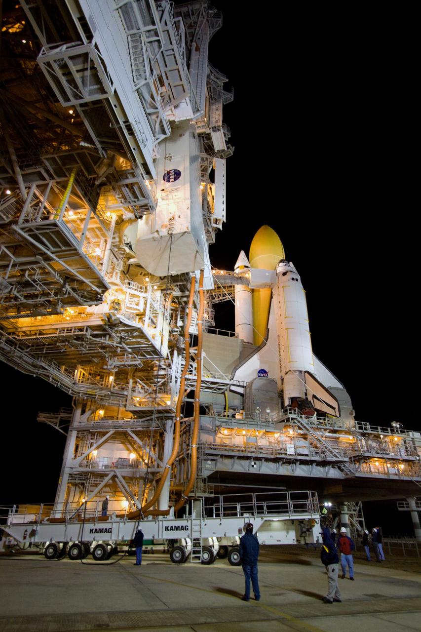 CAPE CANAVERAL, Fla. – At NASA's Kennedy Space Center in Florida, the payload transportation canister containing the International Space Station's Node 3, named Tranquility, is lifted into the payload changeout room in the fixed service structure on Launch Pad 39A.  Operations are under way to install Tranquility in space shuttle Endeavour's payload bay.    The primary payload for Endeavour's STS-130 mission, Tranquility is a pressurized module that will provide room for many of the International Space Station's life support systems. Attached to one end of Tranquility is a cupola, a unique work area with six windows on its sides and one on top.  The cupola resembles a circular bay window and will provide a vastly improved view of the station's exterior. The multi-directional view will allow the crew to monitor spacewalks and docking operations, as well as provide a spectacular view of Earth and other celestial objects. The module was built in Turin, Italy, by Thales Alenia Space for the European Space Agency.  Endeavour's launch is targeted for Feb. 7.  For information on the STS-130 mission and crew, visit http://www.nasa.gov/mission_pages/shuttle/shuttlemissions/sts130/index.html.  Photo credit: NASA/Jack Pfaller