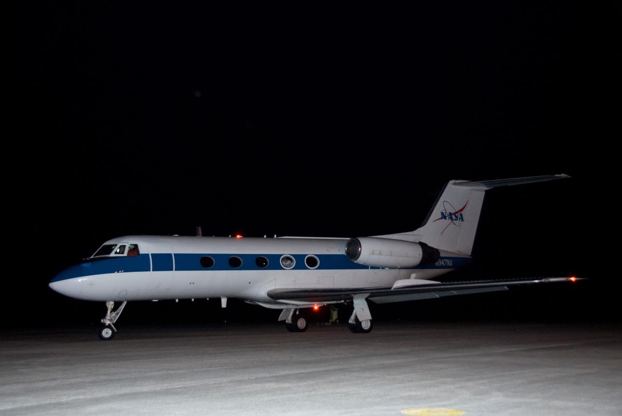 CAPE CANAVERAL, Fla. - At NASA's Kennedy Space Center in Florida, a Shuttle Training Aircraft prepares to take off from the Shuttle Landing Facility. STS-130 Commander George Zamka and Pilot Terry Virts are practicing landing the aircraft in preparation for space shuttle Endeavour's STS-130 mission. The Shuttle Training Aircraft is a Gulfstream II jet, modified to handle like the space shuttle. The crew members of Endeavour's upcoming mission are at Kennedy for training related to their launch dress rehearsal, the Terminal Countdown Demonstration Test. The primary payload on STS-130 is the International Space Station's Node 3, Tranquility, a pressurized module that will provide room for many of the station's life support systems. Attached to one end of Tranquility is a cupola, a unique work area with six windows on its sides and one on top. Endeavour's launch is targeted for Feb. 7. For information on the STS-130 mission and crew, visit http://www.nasa.gov/mission_pages/shuttle/shuttlemissions/sts130/index.html. Photo credit: NASA/Kim Shiflett