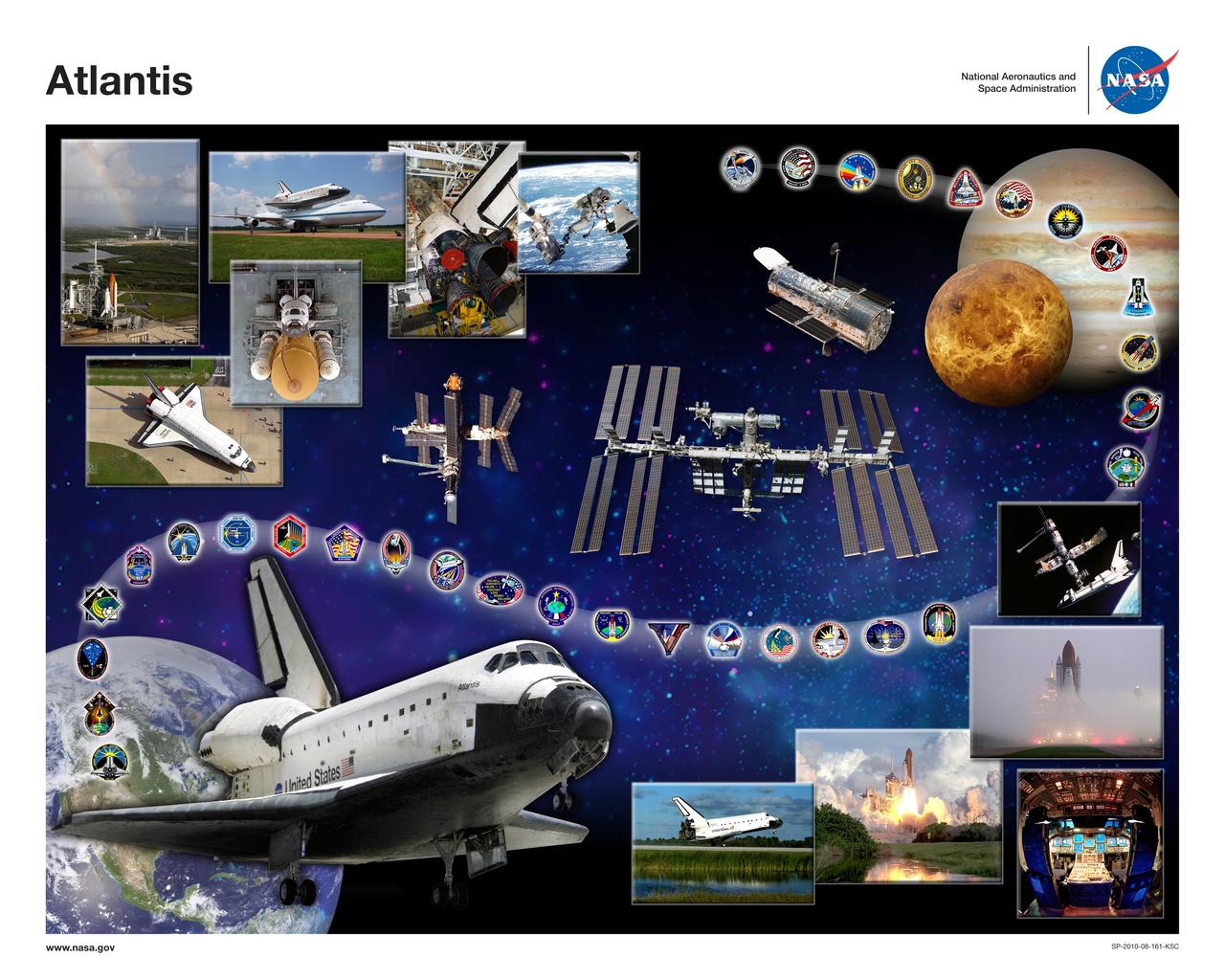 CAPE CANAVERAL, Fla. -- This is a version of space shuttle Atlantis' orbiter tribute, or OV-104, which hangs in Firing Room 4 of the Launch Control Center at NASA's Kennedy Space Center in Florida. In the lower-left corner, it features Atlantis soaring above Earth and threaded through the design are the mission patches for each of Atlantis’ flights. Atlantis' accomplishments include seven missions to the Russian space station Mir and several assembly, construction and resupply missions to the International Space Station. Atlantis also flew the last Hubble Space Telescope servicing mission on STS-125. In the tribute, the planet Venus represents the Magellan probe being deployed during STS-30, and Jupiter represents the Galileo probe being deployed during STS-34. The inset photos illustrate various aspects of shuttle processing as well as significant achievements, such as the glass cockpit and the first shuttle docking with Mir during STS-71. The inset photo in the upper-left corner shows a rainbow over Atlantis on Launch Pad 39A and shuttle Endeavour on Launch Pad 39B at Kennedy. Endeavour was the assigned vehicle had Atlantis’ STS-125 mission needed rescue, and this was the last time both launch pads were occupied at the same time. The stars in the background represent the many people who have worked with Atlantis and their contributions to the vehicle’s success. Graphic design credit: NASA/Amy Lombardo. NASA publication number: SP-2010-08-161-KSC