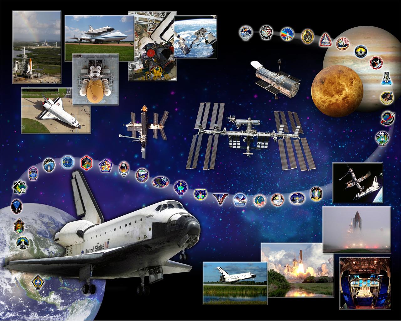 CAPE CANAVERAL, Fla. -- This orbiter tribute of space shuttle Atlantis, or OV-104, hangs in Firing Room 4 of the Launch Control Center at NASA's Kennedy Space Center in Florida. In 2011, the tribute was updated to reflect the addition of one more Atlantis flight -- STS-135 -- which will be the 33rd flight of Atlantis, the 37th shuttle mission to the space station, and the 135th and final mission of NASA's Space Shuttle Program. In the lower-left corner, it features Atlantis soaring above Earth and threaded through the design are the mission patches for each of Atlantis’ flights. Atlantis' accomplishments include seven missions to the Russian space station Mir and several assembly, construction and resupply missions to the International Space Station. Atlantis also flew the last Hubble Space Telescope servicing mission on STS-125. In the tribute, the planet Venus represents the Magellan probe being deployed during STS-30, and Jupiter represents the Galileo probe being deployed during STS-34. The inset photos illustrate various aspects of shuttle processing as well as significant achievements, such as the glass cockpit and the first shuttle docking with Mir during STS-71. The inset photo in the upper-left corner shows a rainbow over Atlantis on Launch Pad 39A and shuttle Endeavour on Launch Pad 39B at Kennedy. Endeavour was the assigned vehicle had Atlantis’ STS-125 mission needed rescue, and this was the last time both launch pads were occupied at the same time. The stars in the background represent the many people who have worked with Atlantis and their contributions to the vehicle’s success. Graphic design credit: NASA/Amy Lombardo. NASA publication number: SP-2010-08-161-KSC