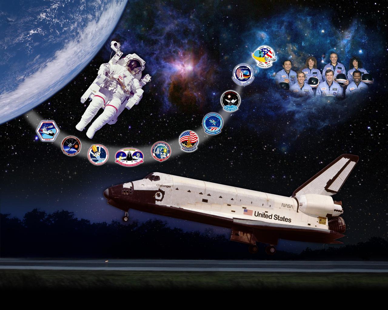 CAPE CANAVERAL, Fla. -- This orbiter tribute of space shuttle Challenger, or OV-099, hangs in Firing Room 4 of the Launch Control Center at NASA's Kennedy Space Center in Florida. Challenger's accomplishments include the first night launch and first African-American in space, Guion Bluford, on STS-8, the first in-flight capture, repair and redeployment of an orbiting satellite during STS-41C, the first American woman in space, Sally Ride, on STS-7, and the first American woman to walk in space, Kathryn Sullivan, during STS-41G. Challenger is credited with blazing a trail for NASA's other orbiters with the first night landing at Edwards Air Force Base in California on STS-8 and the first landing at Kennedy on STS-41B. The spacewalker in the tribute represents Challenger’s role in the first spacewalk during STS-6 and the first untethered spacewalk on STS-41B. Crew-designed patches for each of Challenger’s missions lead from Earth toward a remembrance of the STS-51L crew, which was lost 73 seconds after liftoff on Jan. 28, 1986.     Five orbiter tributes are on display in the firing room, representing Atlantis, Challenger, Columbia, Endeavour and Discovery. Graphic design credit: NASA/Lynda Brammer