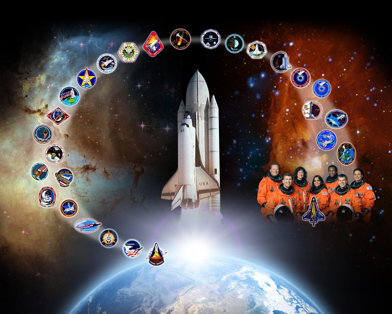 CAPE CANAVERAL, Fla. -- This orbiter tribute of space shuttle Columbia, or OV-102, hangs in Firing Room 4 of the Launch Control Center at NASA's Kennedy Space Center in Florida. The tribute features Columbia, the “first of the fleet," rising above Earth at the dawn of the Space Shuttle Program. Columbia's accomplishments include the launch and deployment of NASA's Chandra X-ray Observatory on STS-93, the first shuttle landing at White Sands Space Harbor in New Mexico on STS-3, the first deployment of commercial satellites and the first four-member crew during STS-5, the first Spacelab mission and first six-member crew on STS-9, the first female commander, Eileen Collins, on STS-93, as well as several laboratory missions with international partners. Crew-designed patches for each of Columbia’s missions lead from Earth toward a remembrance of the STS-107 crew, which was lost during re-entry on Feb. 1, 2003.       Five orbiter tributes are on display in the firing room, representing Atlantis, Challenger, Columbia, Endeavour and Discovery. Graphic design credit: NASA/Amy Lombardo