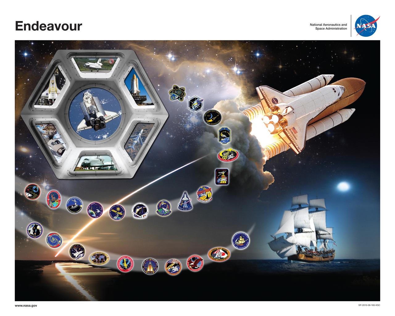 CAPE CANAVERAL, Fla. -- This is a version of space shuttle Endeavour's orbiter tribute, or OV-105, which hangs in Firing Room 4 of the Launch Control Center at NASA's Kennedy Space Center in Florida. It features Endeavour soaring into orbit above the sailing vessel HMS Endeavour for which it was named. The Cupola, delivered to the International Space Station by Endeavour on STS-130, frames various images that represent the processing and execution of the Space Shuttle Program. Clockwise from top, are the first-ever use of a drag chute during the STS-49 landing, rollout to a launch pad, a ferry flight return to Kennedy, rolling into an orbiter processing facility, docking to the International Space Station, and lifting operations before being mated to an external fuel tank and solid rocket boosters in the Vehicle Assembly Building. The background image was captured by the Hubble Space Telescope and signifies the first shuttle servicing mission, which was performed by Endeavour's STS-61 crew. Crew-designed patches from Endeavour’s maiden voyage through its final mission are shown ascending toward the stars. Five orbiter tributes are on display in the firing room, representing Atlantis, Challenger, Columbia, Endeavour and Discovery. Graphic design credit: NASA/Amy Lombardo. NASA publication number: SP-2010-08-165-KSC