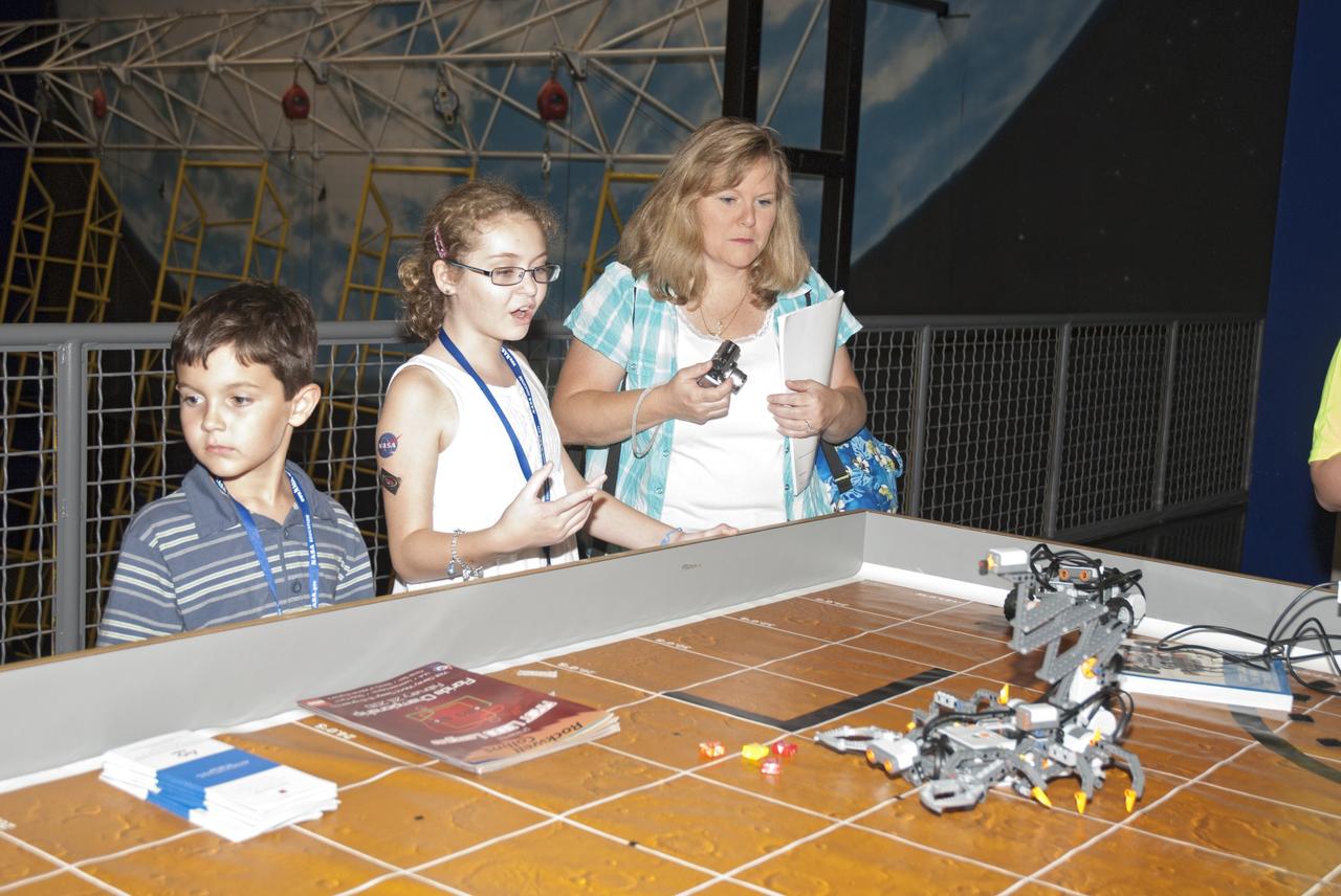 CAPE CANAVERAL, Fla. -- At the Astronaut Hall of Fame near the Kennedy Space Center Visitor Complex in Florida, fifth- through eighth-grade students and their parents participate in a Lego robotics demonstration during the last NASA family education night event. Other activities included "gee-whiz" presentations, astronaut appearances, a hovercraft, vortex cannon and alternative fuel vehicles, which promote science, technology, engineering and mathematics (STEM) education.    The event is part of NASA's Summer of Innovation initiative to provide interactive learning experiences to middle school students nationwide during the summer months. The program is a cornerstone of the Educate to Innovate campaign announced by President Barack Obama in November 2009. Photo credit: NASA/Charisse Nahser