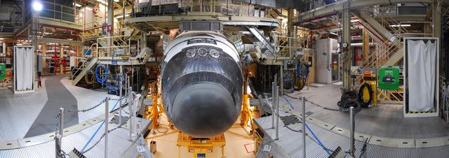 CAPE CANAVERAL, Fla. -- This panoramic image of space shuttle Discovery was photographed in Orbiter Processing Facility-3 at NASA's Kennedy Space Center in Florida, as the shuttle was being prepared for "rollover," or moved, to the Vehicle Assembly Building. Once inside the VAB, the shuttle will be joined to its solid rocket boosters and external fuel tank. Later this month, Discovery is scheduled to "rollout" to Launch Pad 39A for its launch to the International Space Station on the STS-133 mission. Targeted to liftoff Nov. 1, Discovery will take the Permanent Multipurpose Module (PMM) packed with supplies and critical spare parts, as well as Robonaut 2 (R2) to the station. Photo credit: NASA/Frankie Martin