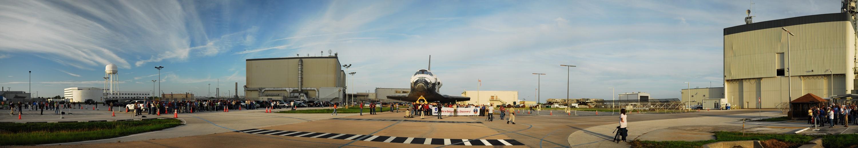 CAPE CANAVERAL, Fla. -- This panoramic image of space shuttle Discovery was photographed as it was being transported from Orbiter Processing Facility-3 at NASA's Kennedy Space Center in Florida, to the Vehicle Assembly Building.            Once inside the VAB, the shuttle will be joined to its solid rocket boosters and external fuel tank. Later this month, Discovery is scheduled to "rollout" to Launch Pad 39A for its launch to the International Space Station on the STS-133 mission. Targeted to liftoff Nov. 1, Discovery will take the Permanent Multipurpose Module (PMM) packed with supplies and critical spare parts, as well as Robonaut 2 (R2) to the station. Photo credit: NASA/Frankie Martin
