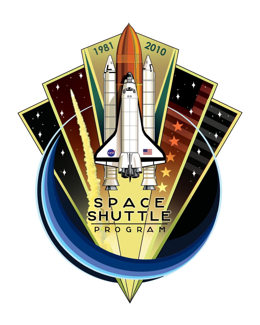JOHNSON SPACE CENTER, Houston - JSC2010-E-079335 -- To celebrate the upcoming 30th anniversary and retirement of the Space Shuttle Program, the design of this patch aims to capture the visual essence and spirit of the program in an iconic and triumphant manner. As the Space Shuttle Program has been an innovative, iconic gem in the history of American spaceflight, the overall shape of the patch and its faceted panels are reminiscent of a diamond or other fine jewel. The shape of the patch fans out from a fine point at the bottom to a wide array across the top, to evoke the vastness of space and our aim to explore it, as the shuttle has done successfully for decades. The outlined blue circle represents the shuttle's exploration within low Earth orbit, but also creates a dynamic fluidity from the bottom right around to the top left to allude to the smoothness of the shuttle orbiting Earth. The diagonal lines cascading down into the top-right corner of the design form the American Flag as the shuttle has been one of the most recognizable icons in American history throughout the last three decades. In the top left and right panels of the design, there are seven prominent stars on each side, which represent the 14 crew members who were lost on shuttles Challenger and Columbia. Inside of the middle panel to the right of the shuttle, there are five larger, more prominent stars that signify the five space shuttle vehicles NASA has had in its fleet throughout the program. Most importantly though, this patch is as an overall celebration of the much-beloved program and vehicle that so many people have dedicated themselves to in so many capacities throughout the years with a sense of vibrancy and mysticism that the Space Shuttle Program will always be remembered by. This patch was designed by Aerospace Engineer Blake Dumesnil, who has supported the Space Shuttle Program with his work in the Avionics and Energy Systems Divisions of the NASA Johnson Space Center Engineering Directorate. It is the winning entry in a commemorative patch design contest sponsored by the Space Shuttle Program. Image credit: NASA/Blake Dumesnil