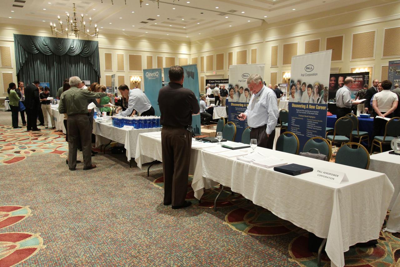 CAPE CANAVERAL, Fla. -- NASA's Kennedy Space Center and Brevard Workforce host a job fair at a hotel in Cape Canaveral, Fla., to help center employees with future planning and placement as the Space Shuttle Program comes to an end. Recruiters included federal, state and local government agencies and organizations, as well as private companies from across the country. The first part of the job fair took place Sept. 15 in Kennedy's Operations Support Building II and Space Station Processing Facility. Kennedy's Human Resources Office also has hosted workshops, seminars and other events to prepare employees as much as possible for future opportunities. Photo credit: NASA/Jack Pfaller