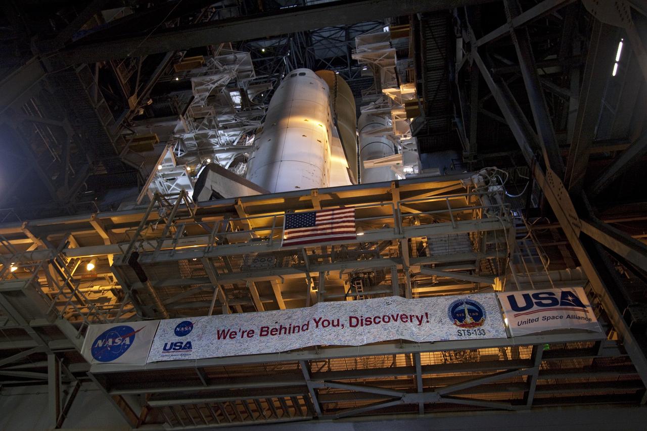 CAPE CANAVERAL, Fla. -- At NASA's Kennedy Space Center in Florida, space shuttle Discovery is ready for its nighttime trek, known as "rollout," from the Vehicle Assembly Building to Launch Pad 39A. It will take the shuttle, attached to its external fuel tank, twin solid rocket boosters and mobile launcher platform, about six hours to complete the move atop a crawler-transporter. Rollout sets the stage for Discovery's STS-133 crew to practice countdown and launch procedures during the Terminal Countdown Demonstration Test in mid-October. Targeted to liftoff Nov. 1, Discovery will take the Permanent Multipurpose Module (PMM) packed with supplies and critical spare parts, as well as Robonaut 2 (R2) to the International Space Station. Photo credit: NASA/Jack Pfaller