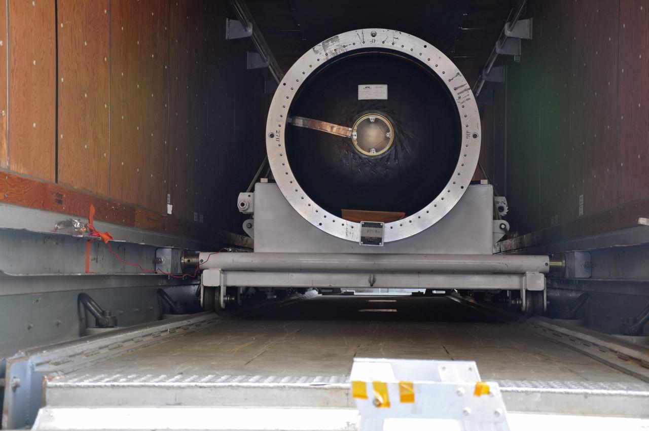 VANDENBERG AIR FORCE BASE, Calif. -- At Vandenberg Air Force Base in California, the third stage of the Pegasus XL rocket that will launch the Nuclear Spectroscopic Telescope Array (NuSTAR) to orbit is offloaded for processing in Building 1555. After the rocket and spacecraft are processed at Vandenberg, they will be shipped to the Ronald Reagan Ballistic Missile Defense Test Site located at the Pacific Ocean’s Kwajalein Atoll for launch.    The high-energy X-ray telescope will conduct a census for black holes, map radioactive material in young supernovae remnants, and study the origins of cosmic rays and the extreme physics around collapsed stars.  Photo credit: NASA/Randy Beaudoin, VAFB