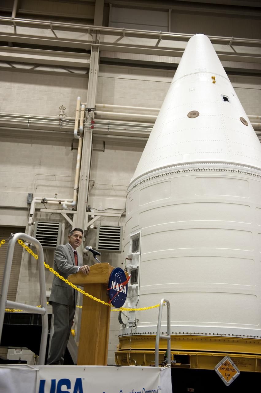 CAPE CANAVERAL, Fla. -- At NASA's Kennedy Space Center in Florida, Center Director Bob Cabana speaks to the attendees at a ceremony being held to commemorate the move from Kennedy's Assembly Refurbishment Facility (ARF) to the Vehicle Assembly Building (VAB) of the Space Shuttle Program's final solid rocket booster structural assembly -- the right-hand forward. The move was postponed because of inclement weather. Photo credit: NASA/Kim Shiflett