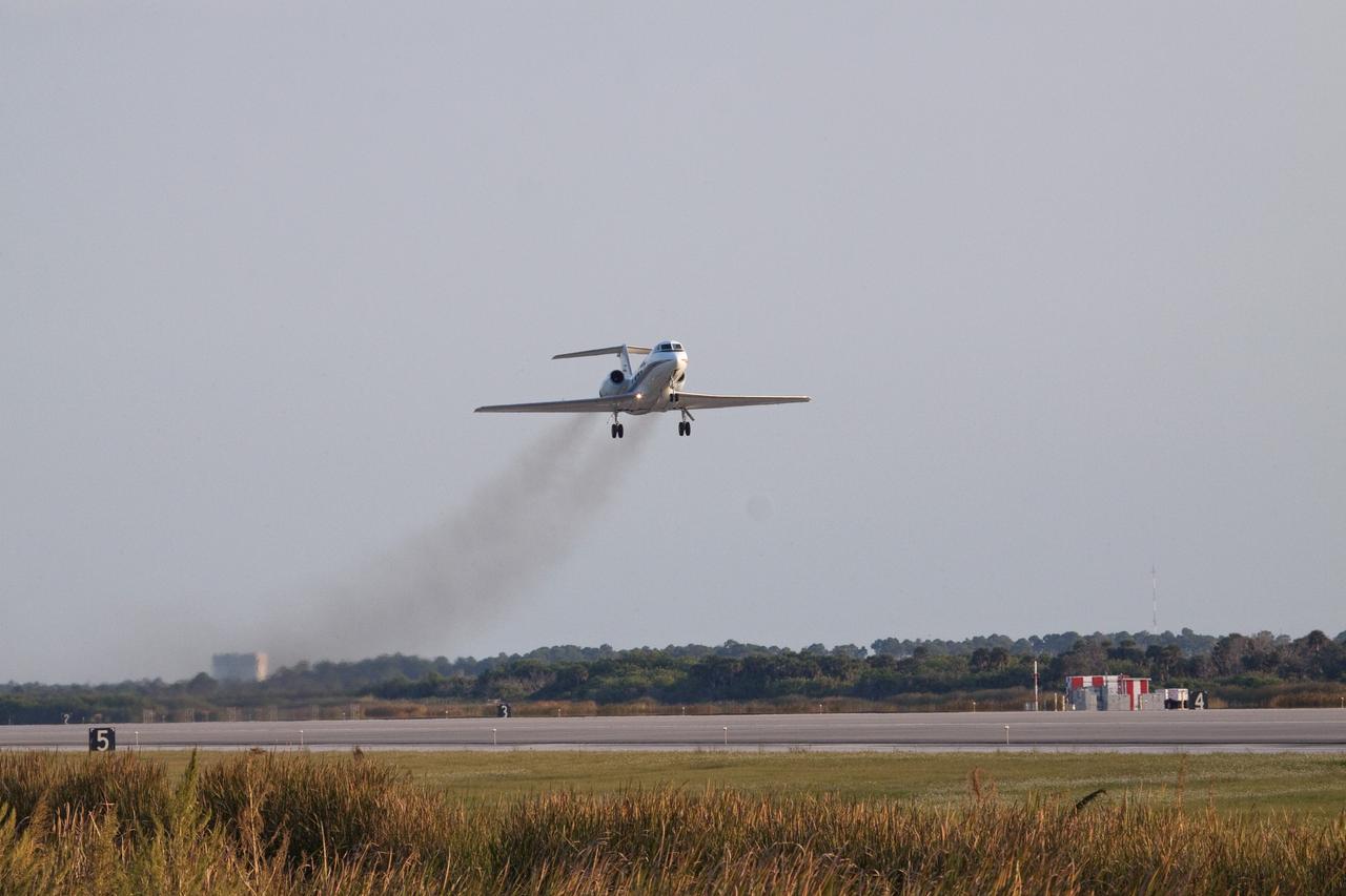 CAPE CANAVERAL, Fla. -- A Shuttle Training Aircraft (STA) takes off the Shuttle Landing Facility runway at NASA's Kennedy Space Center in Florida. STS-133 Commander Steve Lindsey and Pilot Eric Boe are flying the modified Gulfstream II business jets to mimic the shuttle's handling during the final phase of landing. Practice landings are part of the Terminal Countdown Demonstration Test (TCDT), which provides each shuttle crew and launch team an opportunity to participate in various simulated activities, including equipment familiarization and emergency training at the launch pad.    Space shuttle Discovery and its STS-133 crew will deliver the Permanent Multipurpose Module, packed with supplies and critical spare parts, as well as Robonaut 2, the dexterous humanoid astronaut helper, to the International Space Station. Launch is targeted for Nov. 1 at 4:40 p.m. For more information on the STS-133 mission, visit www.nasa.gov/mission_pages/shuttle/shuttlemissions/sts133/. Photo credit: NASA/Jack Pfaller