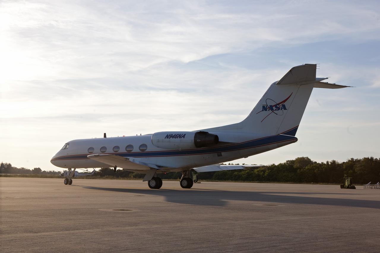 CAPE CANAVERAL, Fla. -- A Shuttle Training Aircraft (STA) is ready for flight on the Shuttle Landing Facility runway at NASA's Kennedy Space Center in Florida. STS-133 Commander Steve Lindsey and Pilot Eric Boe will fly two Gulfstream II business jets that are modified to mimic the shuttle's handling during the final phase of landing. Practice landings are part of the Terminal Countdown Demonstration Test (TCDT), which provides each shuttle crew and launch team an opportunity to participate in various simulated activities, including equipment familiarization and emergency training at the launch pad.        Space shuttle Discovery and its STS-133 crew will deliver the Permanent Multipurpose Module, packed with supplies and critical spare parts, as well as Robonaut 2, the dexterous humanoid astronaut helper, to the International Space Station. Launch is targeted for Nov. 1 at 4:40 p.m. For more information on the STS-133 mission, visit www.nasa.gov/mission_pages/shuttle/shuttlemissions/sts133/. Photo credit: NASA/Amanda Diller