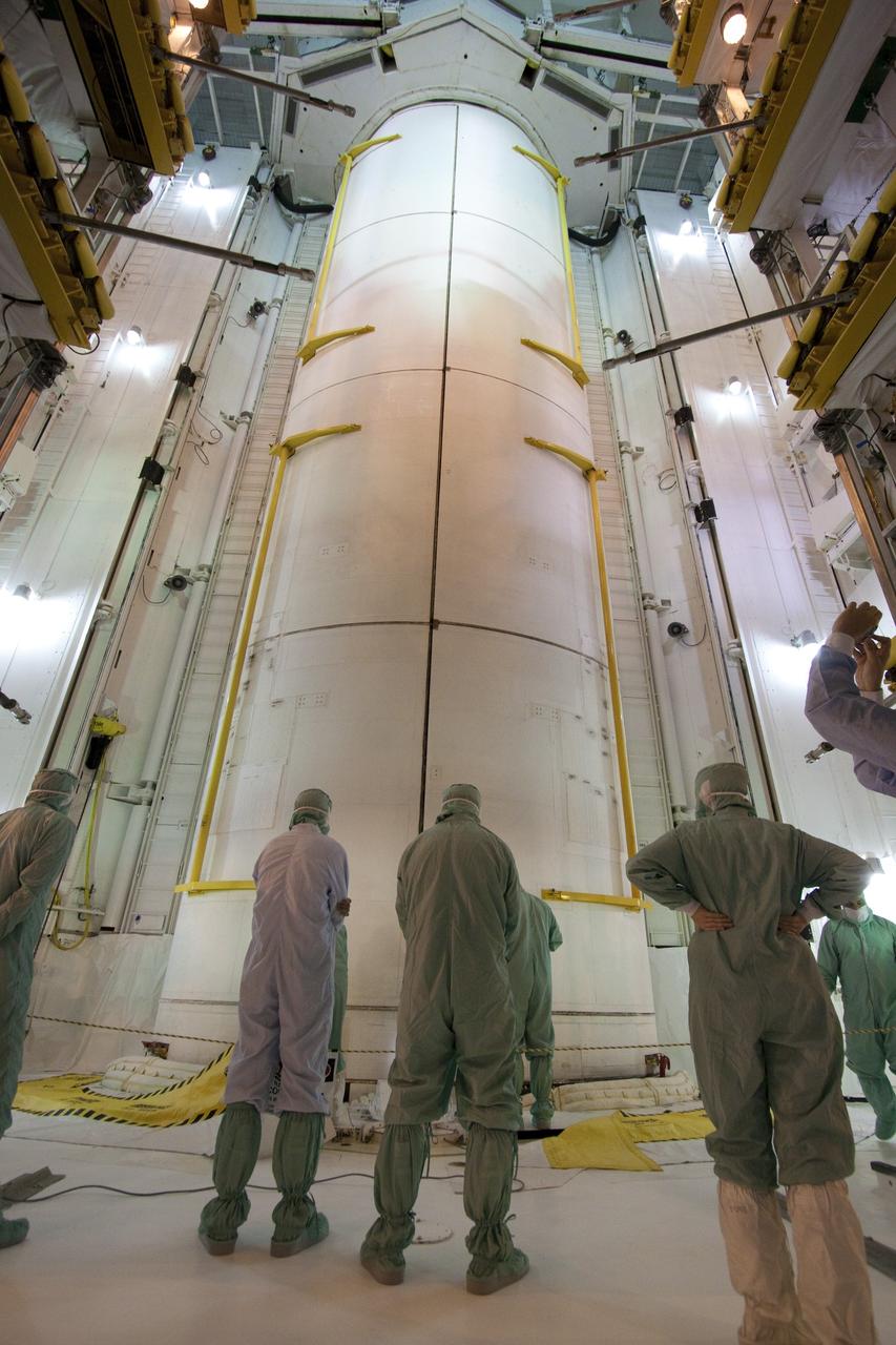 CAPE CANAVERAL, Fla. -- On Launch Pad 39A at NASA's Kennedy Space Center in Florida, the clamshell doors of space shuttle Discovery's payload bay are closed in preparation for the STS-133 launch to the International Space Station.    Targeted to launch Nov. 1, STS-133 will carry the Permanent Multipurpose Module (PMM) packed with supplies and critical spare parts, as well as Robonaut 2 (R2) to the station. Photo credit: NASA/Jack Pfaller