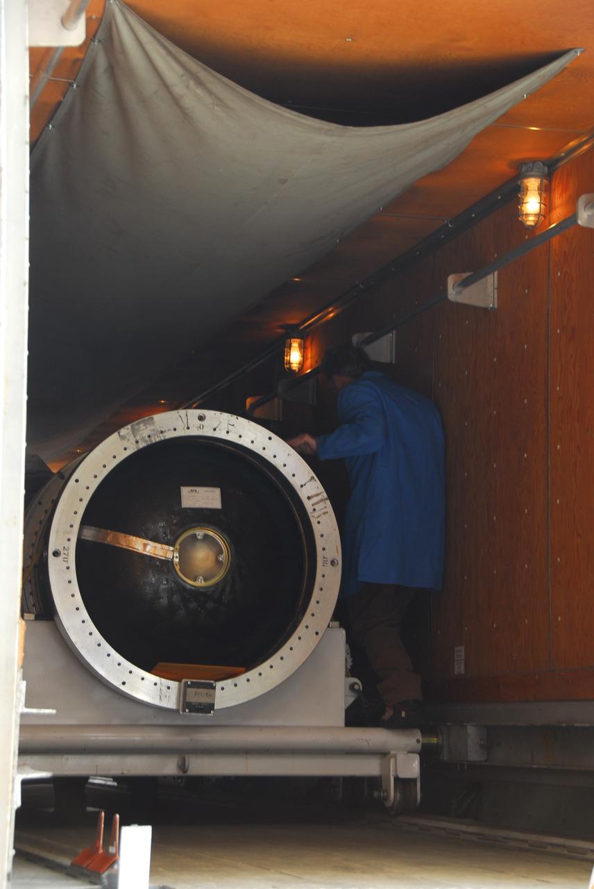 VANDENBERG AIR FORCE BASE, Calif. -- At Vandenberg Air Force Base in California, the third stage of the Pegasus XL rocket that will launch the Nuclear Spectroscopic Telescope Array (NuSTAR) to orbit arrives at Building 1555 for processing. After the rocket and spacecraft are processed at Vandenberg, they will be shipped to the Ronald Reagan Ballistic Missile Defense Test Site located at the Pacific Ocean's Kwajalein Atoll for launch.            The high-energy X-ray telescope will conduct a census for black holes, map radioactive material in young supernovae remnants, and study the origins of cosmic rays and the extreme physics around collapsed stars. Photo credit: NASA/Dan Liberotti, VAFB