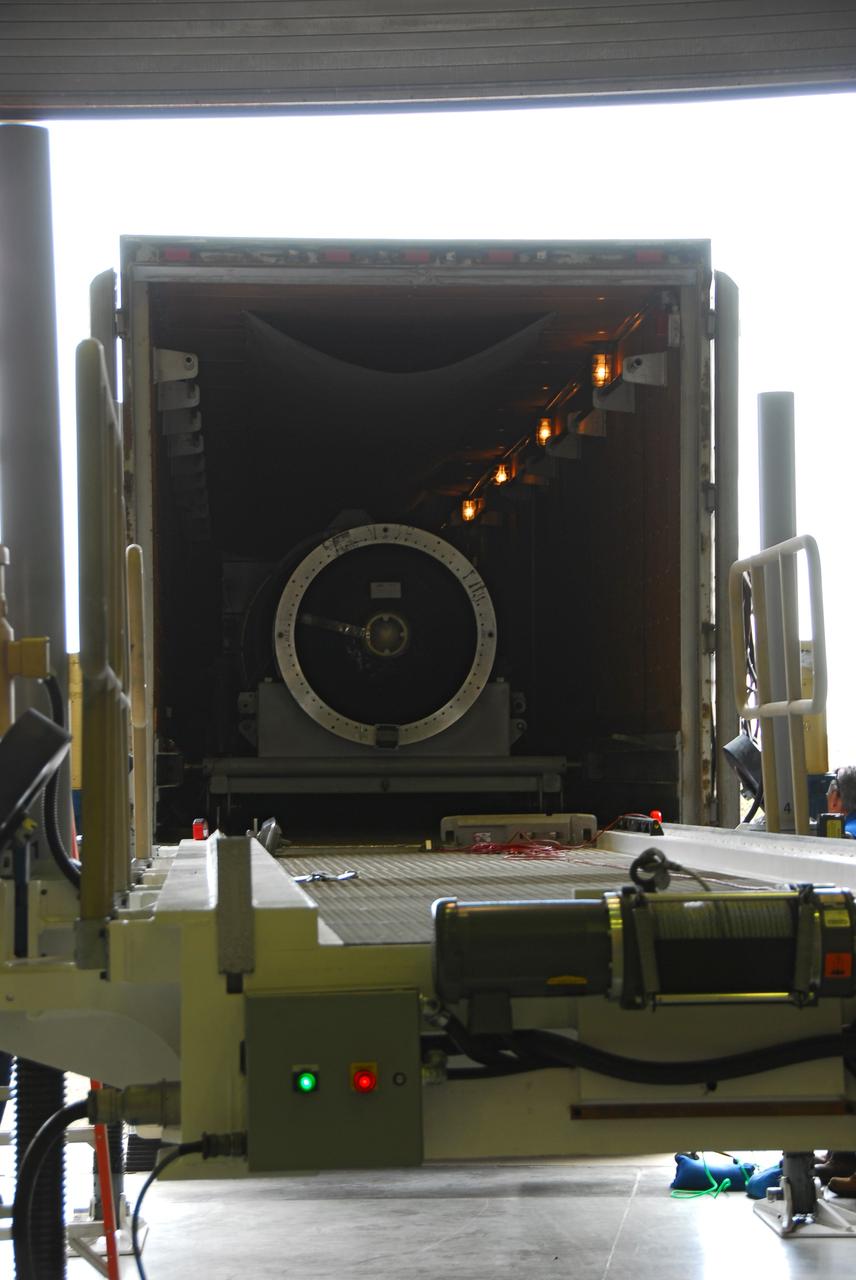 VANDENBERG AIR FORCE BASE, Calif. -- At Vandenberg Air Force Base in California, the third stage of the Pegasus XL rocket that will launch the Nuclear Spectroscopic Telescope Array (NuSTAR) to orbit arrives at Building 1555 for processing. After the rocket and spacecraft are processed at Vandenberg, they will be shipped to the Ronald Reagan Ballistic Missile Defense Test Site located at the Pacific Ocean’s Kwajalein Atoll for launch.          The high-energy X-ray telescope will conduct a census for black holes, map radioactive material in young supernovae remnants, and study the origins of cosmic rays and the extreme physics around collapsed stars. Photo credit: NASA/Dan Liberotti, VAFB