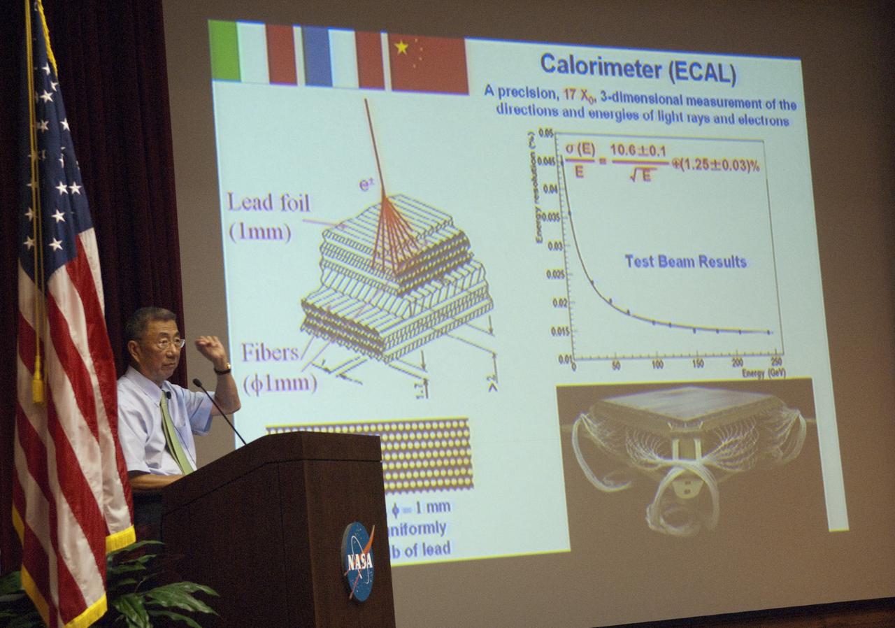 CAPE CANAVERAL, Fla. -- In the Training Auditorium at NASA's Kennedy Space Center in Florida, Professor Sam Ting talks to employees about the Alpha Magnetic Spectrometer-2 (AMS). Ting is the particle physics detector's principal investigator at the Massachusetts Institute of Technology.        AMS is designed to operate as an external module on the International Space Station. It will use the unique environment of space to study the universe and its origin by searching for dark matter. AMS-2 will fly to the station aboard space shuttle Endeavour's STS-134 mission targeted to launch Feb. 27, 2011. Photo credit: NASA/Jim Grossmann
