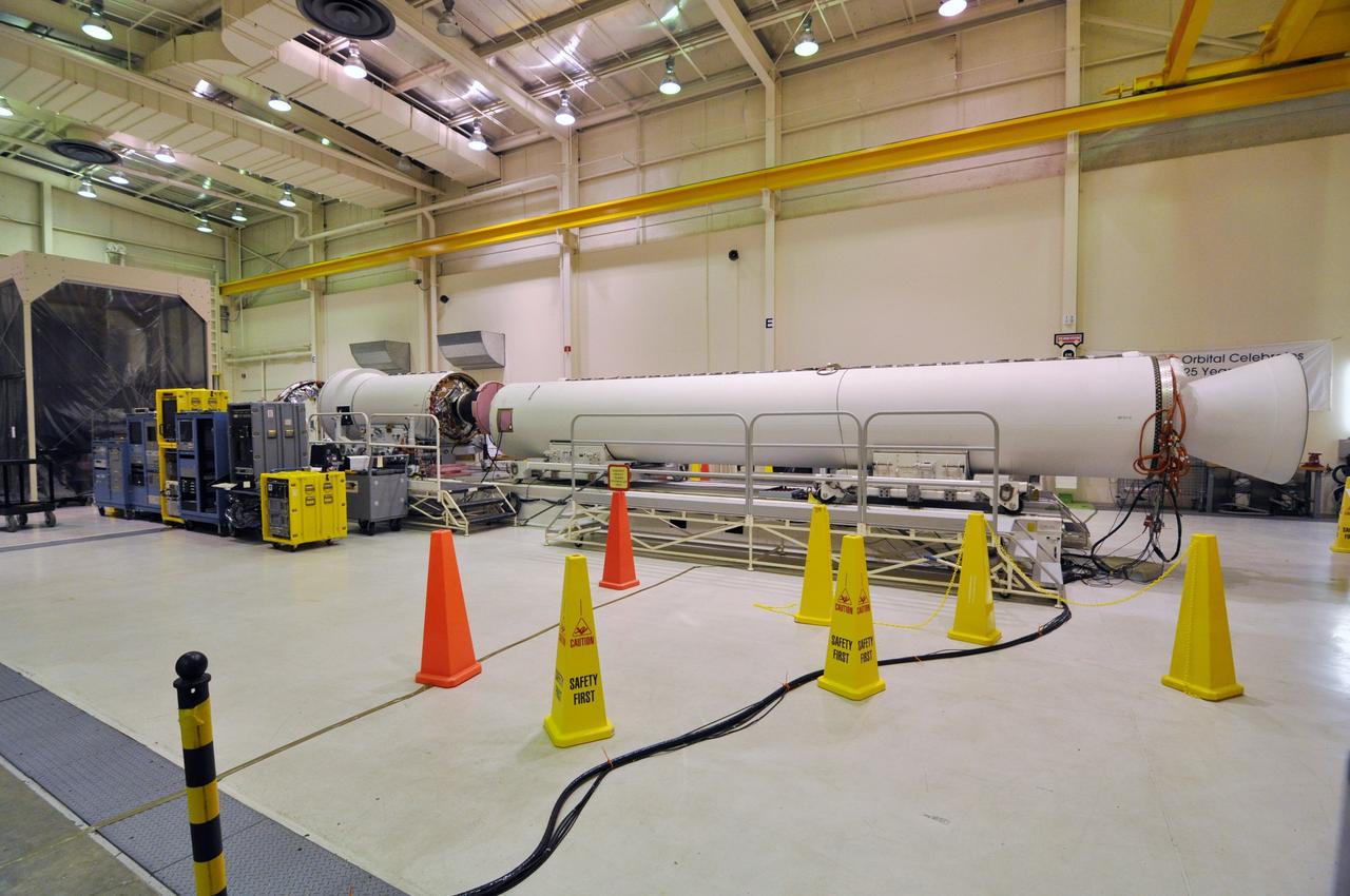 VANDENBERG AIR FORCE BASE, Calif. – The first, second and third stages of the Taurus XL rocket come together in the east high bay of Building 1555 at Vandenberg Air Force Base in California. The rocket and NASA's Glory satellite are being prepared for a launch to low Earth orbit from Vandenberg's Space Launch Complex 576-E.      Once Glory reaches orbit, it will collect data on the properties of aerosols and black carbon. It also will help scientists understand how the sun's irradiance affects Earth's climate.  Photo credit: NASA/Randy Beaudoin, VAFB