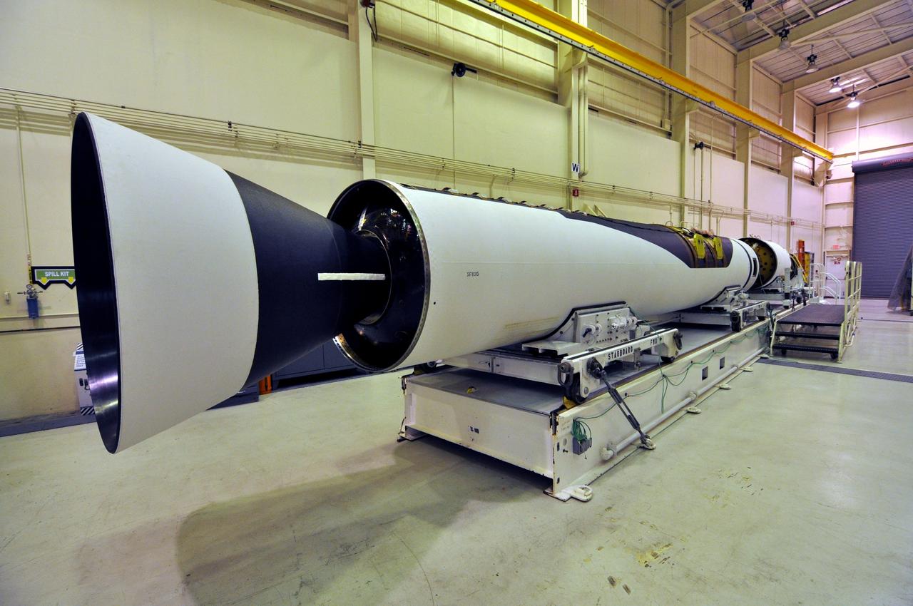 VANDENBERG AIR FORCE BASE, Calif. -- At Vandenberg Air Force Base in California, the first, second and third stages of the Pegasus XL rocket that will launch the Nuclear Spectroscopic Telescope Array (NuSTAR) to orbit are being processed in the west high bay of Building 1555.         After the rocket and spacecraft are processed at Vandenberg, they will be shipped to the Ronald Reagan Ballistic Missile Defense Test Site located at the Pacific Ocean’s Kwajalein Atoll for launch. The high-energy X-ray telescope will conduct a census for black holes, map radioactive material in young supernovae remnants, and study the origins of cosmic rays and the extreme physics around collapsed stars.  Photo credit: NASA/Randy Beaudoin, VAFB