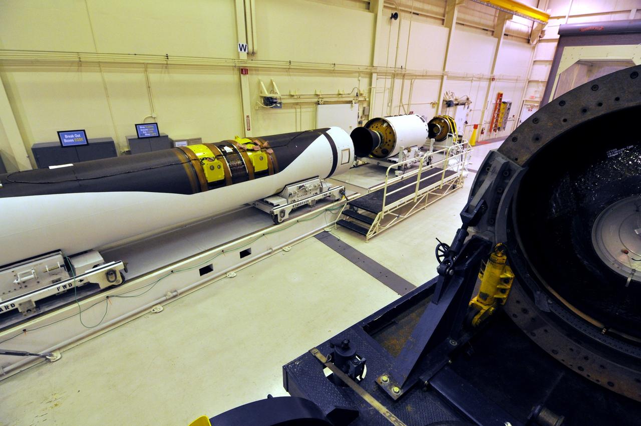 VANDENBERG AIR FORCE BASE, Calif. -- At Vandenberg Air Force Base in California, the first, second and third stages of the Pegasus XL rocket that will launch the Nuclear Spectroscopic Telescope Array (NuSTAR) to orbit are being processed in the west high bay of Building 1555.     After the rocket and spacecraft are processed at Vandenberg, they will be shipped to the Ronald Reagan Ballistic Missile Defense Test Site located at the Pacific Ocean’s Kwajalein Atoll for launch. The high-energy X-ray telescope will conduct a census for black holes, map radioactive material in young supernovae remnants, and study the origins of cosmic rays and the extreme physics around collapsed stars.  Photo credit: NASA/Randy Beaudoin, VAFB
