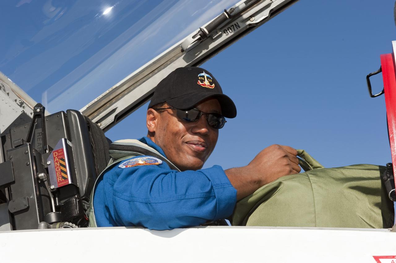 CAPE CANAVERAL, Fla. -- At NASA's Kennedy Space Center in Florida, space shuttle Discovery's STS-133 Mission Specialist Alvin Drew arrives on the Shuttle Landing Facility runway aboard a T-38 training jet. In the days leading up to their launch to the International Space Station, Drew and his crew members will check the fit of their launch-and-entry suits, review launch-day procedures, receive weather briefings and remain medically quarantined to prevent sickness.        Scheduled to lift off Nov. 1 at 4:40 p.m., Discovery and crew will deliver the Permanent Multipurpose Module, packed with supplies and critical spare parts, as well as Robonaut 2, the dexterous humanoid astronaut helper, to the orbiting outpost. For more information on the STS-133 mission, visit www.nasa.gov/mission_pages/shuttle/shuttlemissions/sts133/. Photo credit: NASA/Kim Shiflett