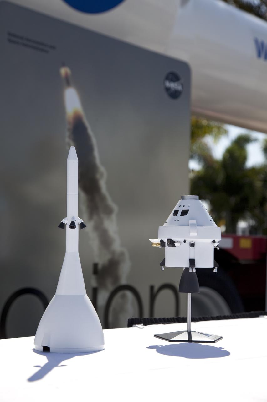 CAPE CANAVERAL, Fla. -- Models of an Orion crew exploration vehicle and its launch abort system are on display at the Kennedy Space Center Visitor Complex in Florida. For information on NASA's future plans, visit www.nasa.gov. Photo credit: NASA/Frankie Martin
