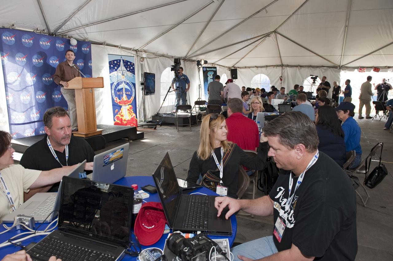 CAPE CANAVERAL, Fla. -- At NASA's Kennedy Space Center in Florida, NASA Public Affairs Officer John Yembrick welcomes participants to the STS-133 Tweetup. NASA is hosting about 150 of its Twitter followers from around the world and several dozen states and providing them with a behind-the-scenes perspective to share with their own followers on the social networking service.           The "Tweeps," as NASA calls them, will have a chance to tour Kennedy and meet with shuttle technicians, managers, engineers and astronauts. They also will receive a demonstration of Robonaut, a human-like robot similar to the one that will be delivered to the International Space Station on the STS-133 mission. Space shuttle Discovery and its STS-133 crew are scheduled to launch Nov. 3 at 3:52 p.m. EDT. For more information on the upcoming mission, visit www.nasa.gov/mission_pages/shuttle/shuttlemissions/sts133/. Photo credit: NASA/Kim Shiflett