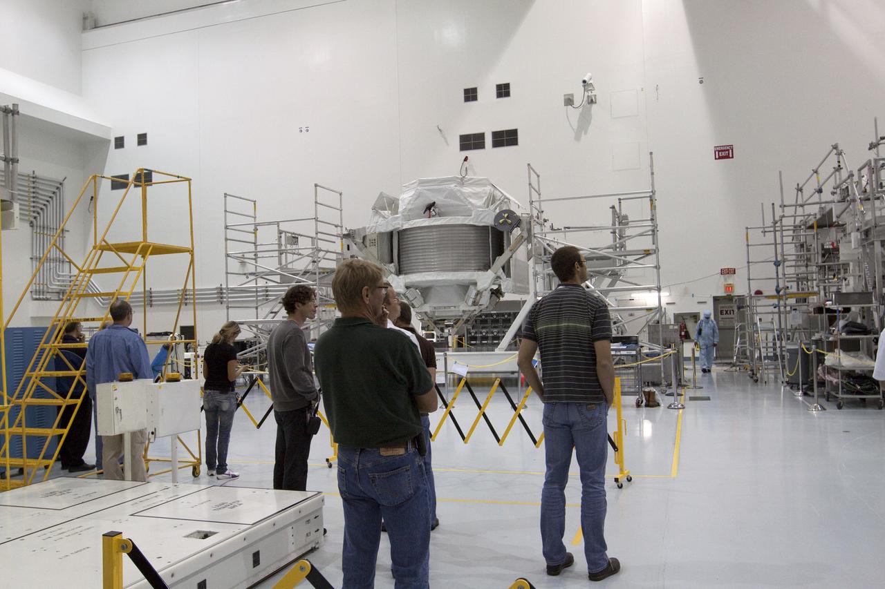 CAPE CANAVERAL, Fla. -- In the Space Station Processing Facility at NASA's Kennedy Space Center in Florida, the Alpha Magnetic Spectrometer-2 (AMS) sits in its cargo element work stand, where technicians will continue to process the experiment for launch.         AMS is designed to operate as an external experiment on the International Space Station. It will use the unique environment of space to study the universe and its origin by searching for dark matter. AMS will fly to the station aboard space shuttle Endeavour's STS-134 mission targeted to launch Feb. 27, 2011. Photo credit: NASA/Jack Pfaller