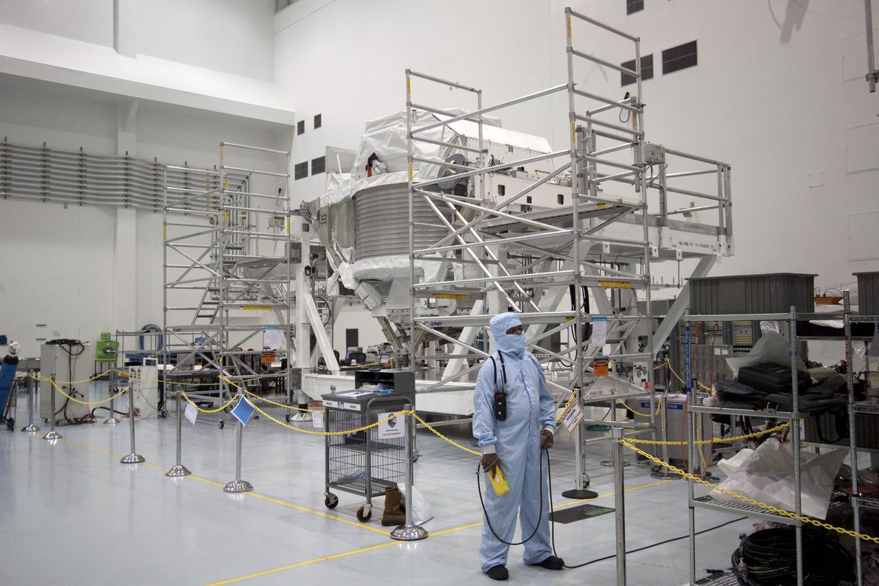 CAPE CANAVERAL, Fla. -- In the Space Station Processing Facility at NASA's Kennedy Space Center in Florida, the Alpha Magnetic Spectrometer-2 (AMS) sits in its cargo element work stand, where technicians will continue to process the experiment for launch.       AMS is designed to operate as an external experiment on the International Space Station. It will use the unique environment of space to study the universe and its origin by searching for dark matter. AMS will fly to the station aboard space shuttle Endeavour's STS-134 mission targeted to launch Feb. 27, 2011. Photo credit: NASA/Jack Pfaller