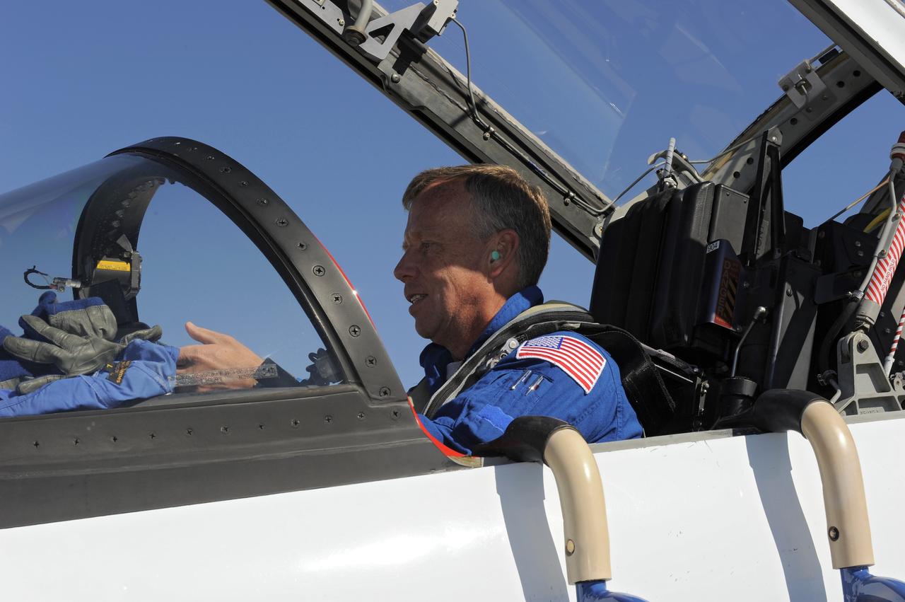 CAPE CANAVERAL, Fla. -- Space shuttle Discovery's STS-133 Commander Steve Lindsey prepares to depart NASA's Kennedy Space Center in Florida in a T-38 training jet. Lindsey and his five crewmates will wait until at least Nov. 30 to launch to the International Space Station because a leak was detected at the Ground Umbilical Carrier Plate (GUCP) while Discovery's external fuel tank was being loaded for launch on Nov. 5. The GUCP is an attachment point between the external tank and a pipe that carries gaseous hydrogen safely away from the shuttle to the flare stack, where it is burned off. Engineers and managers also will evaluate a crack in the foam on the external tank.      During the 11-day mission, STS-133 will deliver the Permanent Multipurpose Module, packed with supplies and critical spare parts, as well as Robonaut 2, to the orbiting laboratory. Discovery, which will fly its 39th mission, is scheduled to be retired following STS-133. This will be the 133rd Space Shuttle Program mission and the 35th shuttle voyage to the space station. For more information on STS-133, visit www.nasa.gov/mission_pages/shuttle/shuttlemissions/sts133/. Photo credit: NASA/Kim Shiflett
