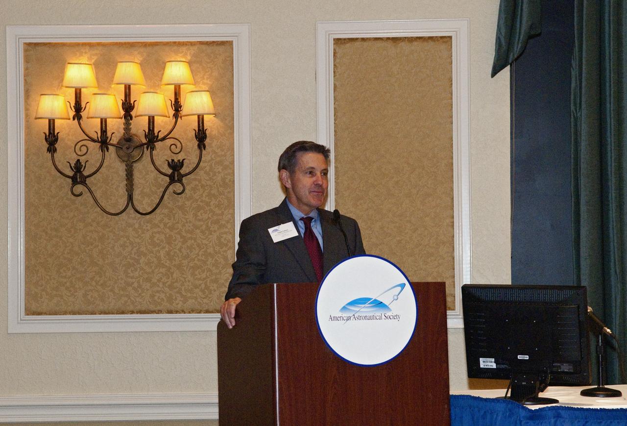 CAPE CANAVERAL, Fla. -- NASA Kennedy Space Center Director Bob Cabana addresses attendees of the  American Astronautical Society's 2010 National Conference at the Radisson Resort at the Port. The focus of the conference is the next 10 years of utilization and research aboard the International Space Station.    The conference was organized with the support of Kennedy and sponsored by The Boeing Company, Honeywell International Inc., Northrop Grumman Corp., Space Florida and the Universities Space Research Association (USRA).  Photo credit: NASA/Jim Grossmann