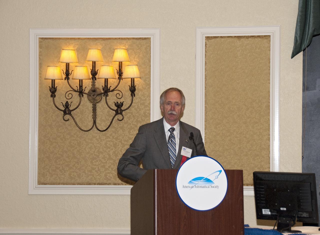 CAPE CANAVERAL, Fla. -- NASA Associate Administrator for Space Operations Bill Gerstenmaier addresses attendees of the American Astronautical Society's 2010 National Conference at the Radisson Resort at the Port. The focus of the conference is the next 10 years of utilization and research aboard the International Space Station.      The conference was organized with the support of Kennedy and sponsored by The Boeing Company, Honeywell International Inc., Northrop Grumman Corp., Space Florida and the Universities Space Research Association (USRA).  Photo credit: NASA/Jim Grossmann