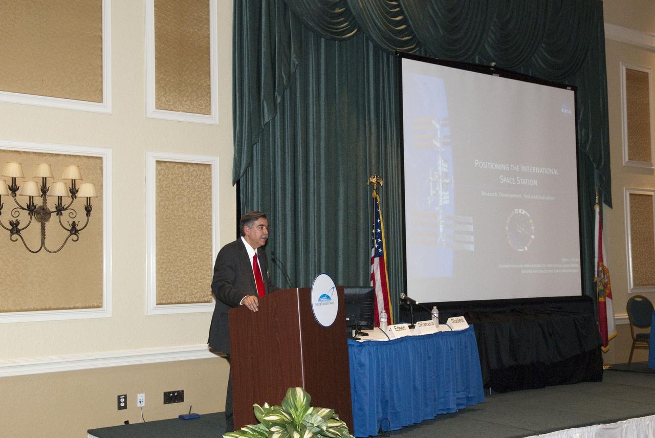 CAPE CANAVERAL, Fla. -- NASA International Space Station Assistant Associate Administrator Mark Uhran addresses attendees of the American Astronautical Society's 2010 National Conference, held at the Radisson Resort at the Port in Cape Canaveral, Fla.         This year's conference was titled: International Space Station: The Next Decade - Utilization and Research. The conference was organized with the support of Kennedy and sponsored by The Boeing Company, Honeywell International Inc., Northrop Grumman Corp., Space Florida and the Universities Space Research Association (USRA). Photo credit: NASA/Jim Grossmann
