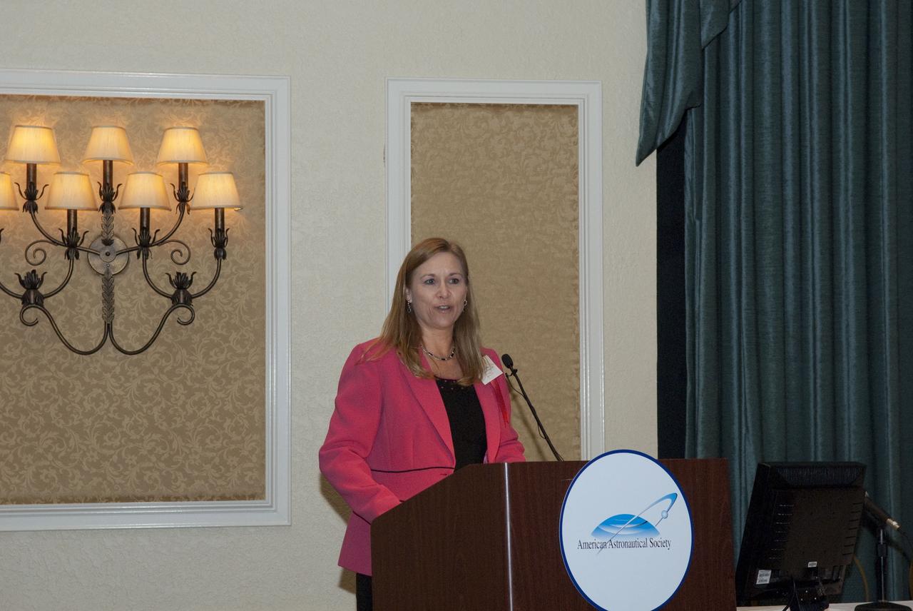 CAPE CANAVERAL, Fla. -- Kennedy Space Center Deputy Director Janet Petro addresses attendees of the American Astronautical Society's 2010 National Conference held at the Radisson Resort at the Port in Cape Canaveral, Fla.       This year's conference was titled: International Space Station: The Next Decade - Utilization and Research. The conference was organized with the support of Kennedy and sponsored by The Boeing Company, Honeywell International Inc., Northrop Grumman Corp., Space Florida and the Universities Space Research Association (USRA). Photo credit: NASA/Jim Grossmann