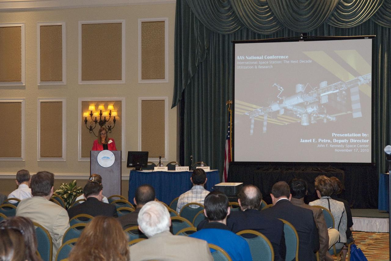CAPE CANAVERAL, Fla. -- Kennedy Space Center Deputy Director Janet Petro addresses attendees of the American Astronautical Society's 2010 National Conference held at the Radisson Resort at the Port in Cape Canaveral, Fla.       This year's conference was titled: International Space Station: The Next Decade - Utilization and Research. The conference was organized with the support of Kennedy and sponsored by The Boeing Company, Honeywell International Inc., Northrop Grumman Corp., Space Florida and the Universities Space Research Association (USRA). Photo credit: NASA/Jim Grossmann