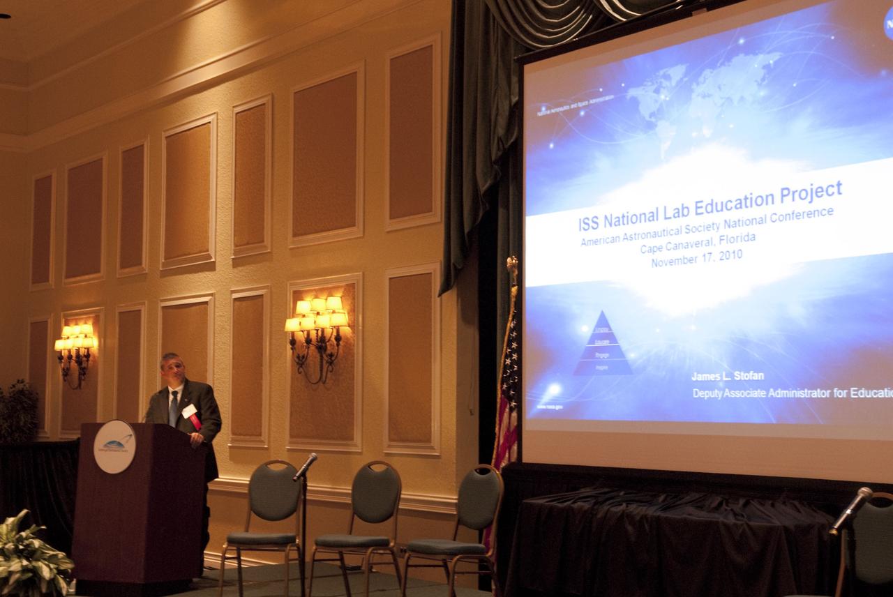 CAPE CANAVERAL, Fla. -- NASA Deputy Associate Administrator for Education James Stofan, addresses attendees of the American Astronautical Society's 2010 National Conference held at the Radisson Resort at the Port in Cape Canaveral, Fla.        This year's conference was titled: International Space Station: The Next Decade - Utilization and Research. The conference was organized with the support of Kennedy and sponsored by The Boeing Company, Honeywell International Inc., Northrop Grumman Corp., Space Florida and the Universities Space Research Association (USRA). Photo credit: NASA/Jim Grossmann