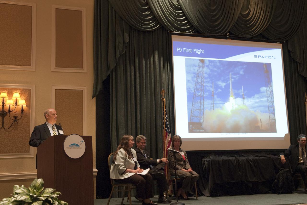 CAPE CANAVERAL, Fla. -- SpaceX Vice President of Mission Assurance and Astronaut Safety Ken Bowersox addresses attendees of the American Astronautical Society's 2010 National Conference held at the Radisson Resort at the Port in Cape Canaveral, Fla. Also on stage (left to right) are, NASA Deputy Associate Administrator of Space Operations Mission Directorate Lynn Cline; NASA Program Integration Manager at Johnson Space Center, Jeff Arend; Lockheed Martin Information Systems & Global Services Program Director Therese Thrift and NASA Commercial Resupply Program Deputy Manager at Johnson Space Center Ford Dillon.    This year's conference was titled: International Space Station: The Next Decade - Utilization and Research. The conference was organized with the support of Kennedy and sponsored by The Boeing Company, Honeywell International Inc., Northrop Grumman Corp., Space Florida and the Universities Space Research Association (USRA). Photo credit: NASA/Jim Grossmann
