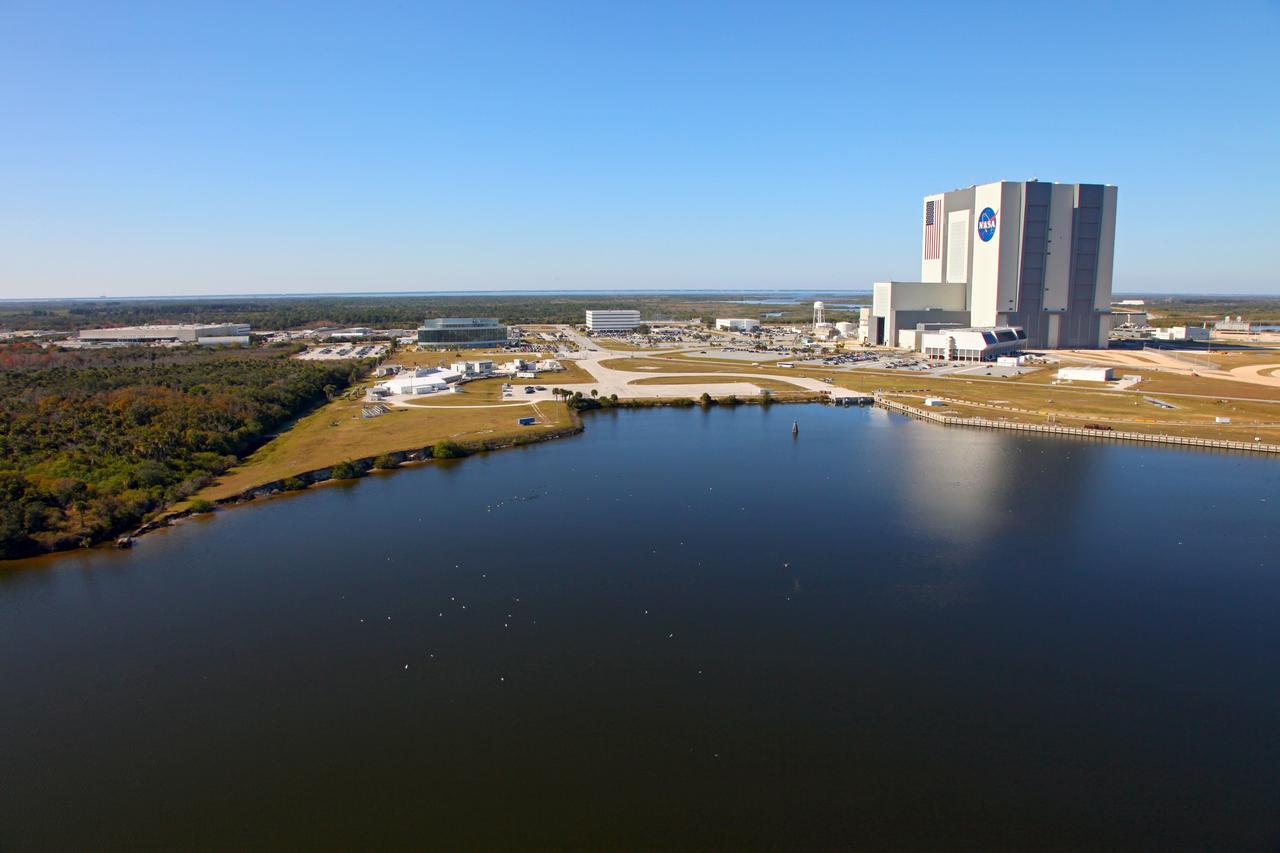 CAPE CANAVERAL, Fla. -- The Launch Complex 39 area is seen from above the Turn Basin at NASA's Kennedy Space Center in Florida.          Photo credit: NASA/Frank Michaux
