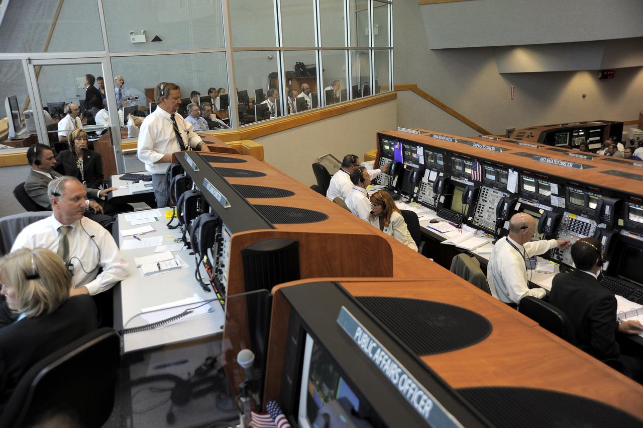 CAPE CANAVERAL, Fla. -- In Firing Room 4 of the Launch Control Center at NASA's Kennedy Space Center in Florida, launch controllers keep track of the upcoming launch of space shuttle Atlantis on its STS-132 mission to the International Space Station. The launch team worked very few issues during the countdown and picture-perfect weather led to an on-time launch at 2:20 p.m. EDT on May 14. STS-132 is the 132nd shuttle flight, the 32nd for Atlantis and the 34th shuttle mission dedicated to station assembly and maintenance. For more information on the STS-132 mission objectives, payload and crew, visit www.nasa.gov/mission_pages/shuttle/shuttlemissions/sts132/index.html. Photo credit: NASA/Kim Shiflett