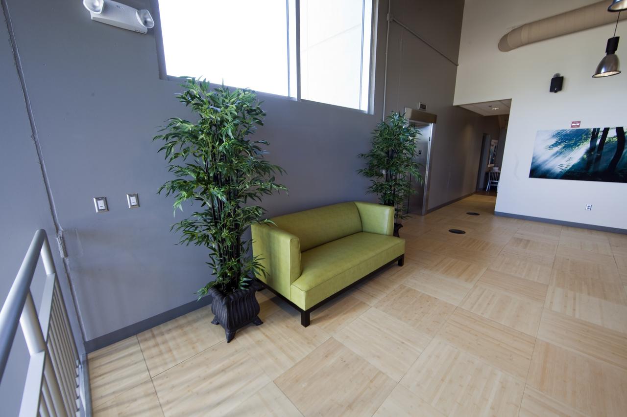 CAPE CANAVERAL, Fla. -- Finishing touches adorn the second-floor lobby of the new Propellants North Administrative and Maintenance Facility at NASA's Kennedy Space Center in Florida. The artwork on the wall was produced by Greg Lee, a graphics specialist with Abacus Technology Corp., and depicts the mystery of nature with a photo of the Merritt Island National Wildlife Refuge. The environmentally friendly facility is slated to be NASA's second Platinum-rated by the U.S. Green Building Council's (USGBC) Leadership in Environmental and Energy Design (LEED) certification system. It will be the space agency's first net-zero facility, which means it will produce enough energy onsite from renewable sources to offset what it requires to operate. The facility consists of a two-story administrative building to house managers, mechanics and technicians who fuel spacecraft at Kennedy, and a single-story shop to store cryogenic fuel transfer equipment. Photo credit: NASA/Frankie Martin