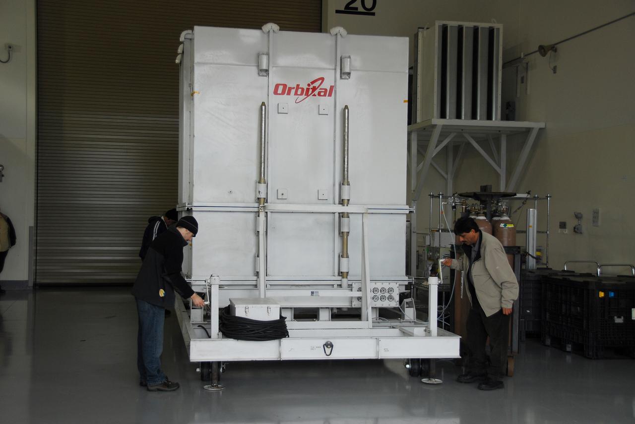 VANDENBERG AIR FORCE BASE, Calif. – The latest Earth-observing satellite developed by NASA, called Glory, is inside the Astrotech Payload Processing Facility at Vandenberg Air Force Base in California. An Orbital Sciences Taurus XL rocket is targeted to launch Glory into low Earth orbit Feb. 23 from Vandenberg's Space Launch Complex 576-E.       Once in orbit, Glory will collect data on the properties of aerosols and black carbon. It also will help scientists understand how the sun's irradiance affects Earth's climate. Photo credit: NASA/Ed Henry, VAFB