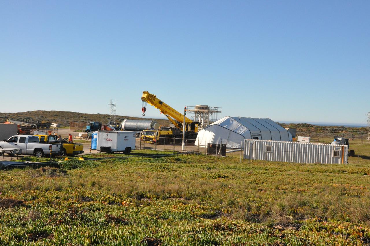 VANDENBERG AIR FORCE BASE, Calif. -- The Stage 0 motor of the Orbital Sciences Corp. Taurus XL rocket arrives at Space Launch Complex 576-E at Vandenberg Air Force Base in California. Next, Stage 0 will be hoisted into its launch position. As part of the four-stage Taurus XL rocket that will carry NASA's Glory spacecraft into low Earth orbit, stages 1, 2 and 3 will join Stage 0 at the launch pad about a week later.           Once Glory reaches orbit, it will collect data on the properties of aerosols and black carbon. It also will help scientists understand how the sun's irradiance affects Earth's climate. Launch is scheduled for 5:09 a.m. EST Feb. 23. For information, visit www.nasa.gov/glory. Photo credit: NASA/Randy Beaudoin, VAFB