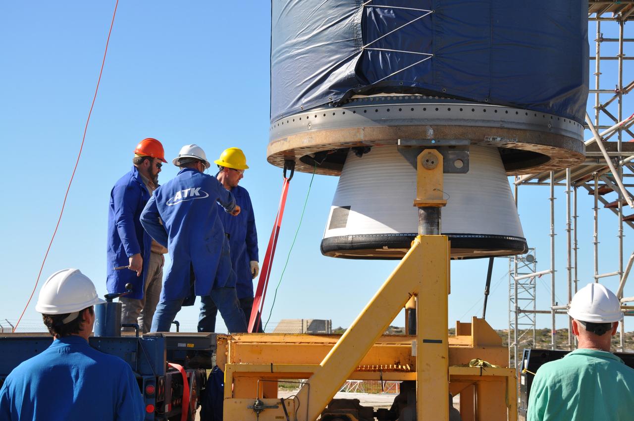 VANDENBERG AIR FORCE BASE, Calif. -- The Stage 0 motor of the Orbital Sciences Corp. Taurus XL is ready to be moved into launch position on Space Launch Complex 576-E at Vandenberg Air Force Base in California. As part of the four-stage Taurus XL rocket that will carry NASA's Glory spacecraft into low Earth orbit, stages 1, 2 and 3 will join Stage 0 at the launch pad about a week later.       Once Glory reaches orbit, it will collect data on the properties of aerosols and black carbon. It also will help scientists understand how the sun's irradiance affects Earth's climate. Launch is scheduled for 5:09 a.m. EST Feb. 23. For information, visit www.nasa.gov/glory. Photo credit: NASA/Randy Beaudoin, VAFB
