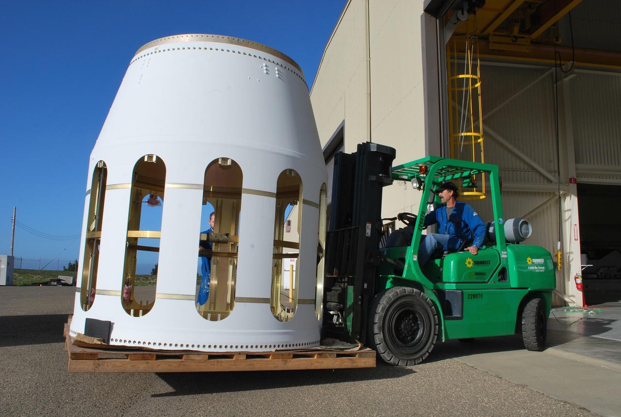 VANDENBERG AIR FORCE BASE, Calif. -- At the Orbital Sciences Corp. Building 1555 at Vandenberg Air Force Base in California, Stage 0/1 interstage, part of the four-stage Taurus XL rocket that will carry NASA's Glory spacecraft into low Earth orbit, is being prepared for transport to Space Launch Complex 576-E. Once Glory reaches orbit, it will collect data on the properties of aerosols and black carbon. It also will help scientists understand how the sun's irradiance affects Earth's climate. Launch is scheduled for 5:09 a.m. EST Feb. 23. For information, visit www.nasa.gov/glory. Photo credit: NASA/Randy Beaudoin, VAFB