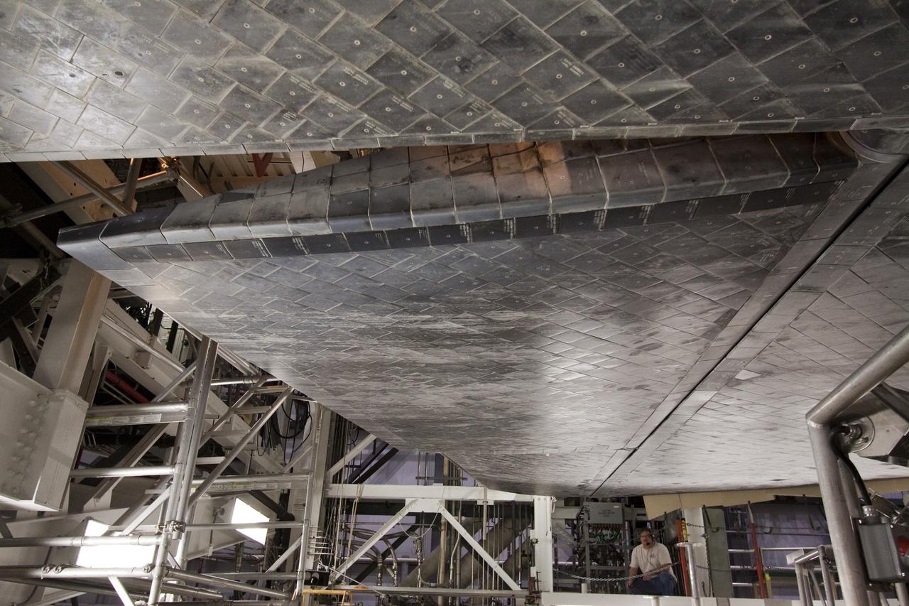 CAPE CANAVERAL, Fla. -- Space shuttle Atlantis  goes through a routine landing gear test in Orbiter Processing Facility-1 at NASA's Kennedy Space Center in Florida. Technicians are checking to make sure the shuttle's wheels, brakes, elevons and body flap function properly. Seen here, the body flap is tested. The body flap blocks heat and air flow during the shuttle's re-entry into Earth's atmosphere.          Atlantis is being prepared for the STS-135 mission, which will deliver the Raffaello multi-purpose logistics module packed with supplies, logistics and spare parts to the International Space Station. STS-135 is targeted to launch June 28, and will be the last spaceflight for the Space Shuttle Program. Photo credit: NASA/Jack Pfaller