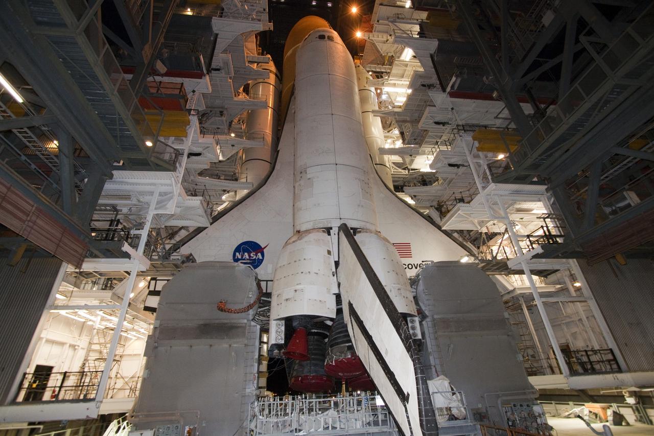 CAPE CANAVERAL, Fla. -- At NASA's Kennedy Space Center in Florida, space shuttle Discovery begins its nighttime trek, known as "rollout," from the Vehicle Assembly Building to Launch Pad 39A. It will take the shuttle, attached to its external fuel tank, twin solid rocket boosters and mobile launcher platform, about seven hours to complete the move atop a crawler-transporter. This is the second time Discovery has rolled out to the pad for the STS-133 mission, and comes after a thorough check and modifications to the shuttle's external tank. Targeted to liftoff Feb. 24, Discovery will take the Permanent Multipurpose Module (PMM) packed with supplies and critical spare parts, as well as Robonaut 2 (R2) to the International Space Station. For more information on STS-133, visit www.nasa.gov/mission_pages/shuttle/shuttlemissions/sts133/. Photo credit: NASA/Jack Pfaller