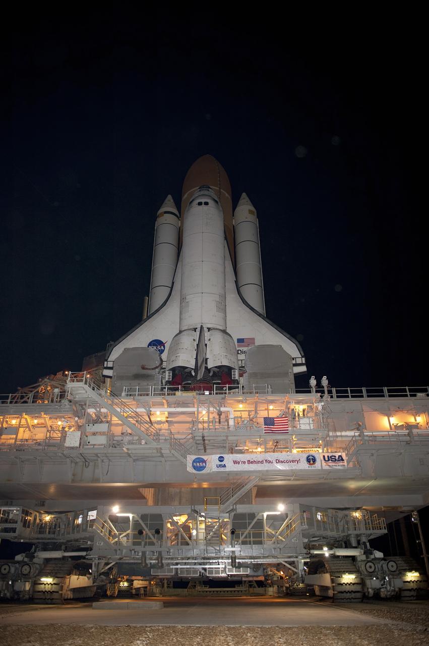 CAPE CANAVERAL, Fla. -- Space shuttle Discovery arrives at Launch Pad 39A from the Vehicle Assembly Building at NASA's Kennedy Space Center in Florida. It took the shuttle, attached to its external fuel tank, twin solid rocket boosters and mobile launcher platform, about seven hours to complete the move atop a crawler-transporter. This is the second time Discovery has rolled out to the pad for the STS-133 mission, and comes after a thorough check and modifications to the shuttle's external tank. Targeted to liftoff Feb. 24, Discovery will take the Permanent Multipurpose Module (PMM) packed with supplies and critical spare parts, as well as Robonaut 2 (R2) to the International Space Station. For more information on STS-133, visit www.nasa.gov/mission_pages/shuttle/shuttlemissions/sts133/. Photo credit: NASA/Kim Shiflett