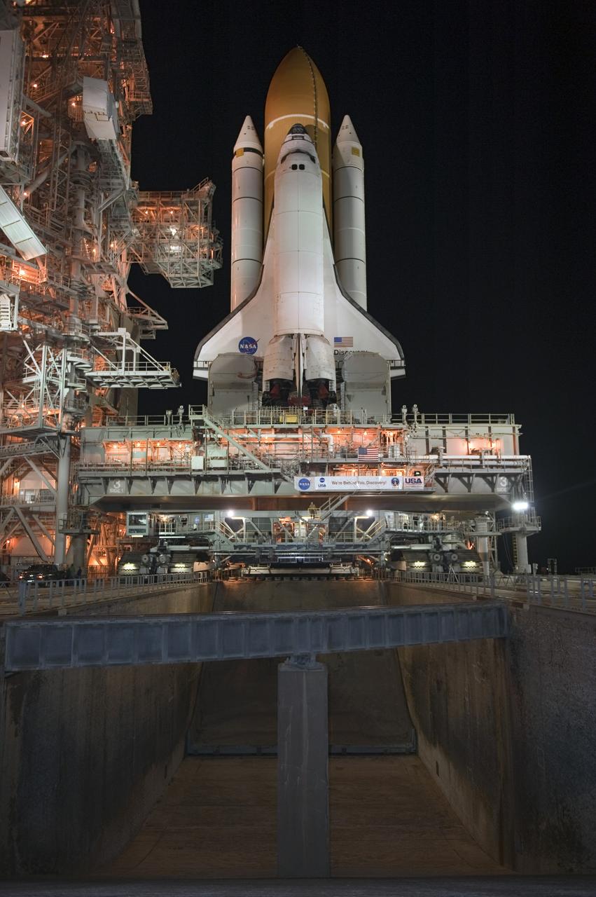 CAPE CANAVERAL, Fla. -- Space shuttle Discovery arrives at Launch Pad 39A from the Vehicle Assembly Building at NASA's Kennedy Space Center in Florida. It took the shuttle, attached to its external fuel tank, twin solid rocket boosters and mobile launcher platform, about seven hours to complete the move atop a crawler-transporter. This is the second time Discovery has rolled out to the pad for the STS-133 mission, and comes after a thorough check and modifications to the shuttle's external tank. Targeted to liftoff Feb. 24, Discovery will take the Permanent Multipurpose Module (PMM) packed with supplies and critical spare parts, as well as Robonaut 2 (R2) to the International Space Station. For more information on STS-133, visit www.nasa.gov/mission_pages/shuttle/shuttlemissions/sts133/. Photo credit: NASA/Kim Shiflett