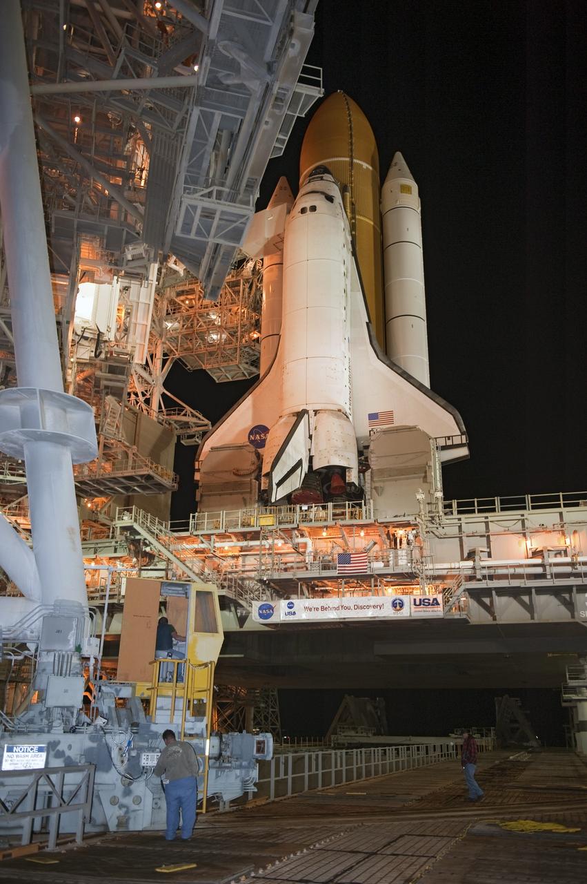 CAPE CANAVERAL, Fla. -- Space shuttle Discovery arrives at Launch Pad 39A from the Vehicle Assembly Building at NASA's Kennedy Space Center in Florida. It took the shuttle, attached to its external fuel tank, twin solid rocket boosters and mobile launcher platform, about seven hours to complete the move atop a crawler-transporter. This is the second time Discovery has rolled out to the pad for the STS-133 mission, and comes after a thorough check and modifications to the shuttle's external tank. Targeted to liftoff Feb. 24, Discovery will take the Permanent Multipurpose Module (PMM) packed with supplies and critical spare parts, as well as Robonaut 2 (R2) to the International Space Station. For more information on STS-133, visit www.nasa.gov/mission_pages/shuttle/shuttlemissions/sts133/. Photo credit: NASA/Kim Shiflett